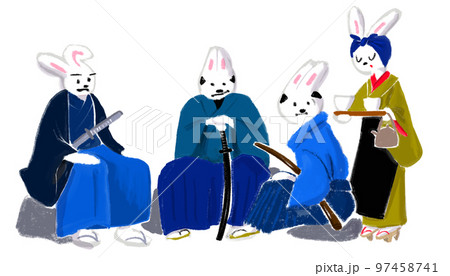 侍の姿をしたウサギの手描きイラスト 97458741