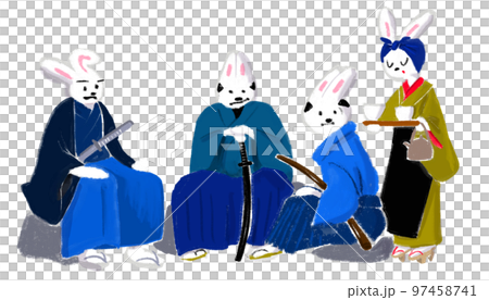 侍の姿をしたウサギの手描きイラスト 97458741