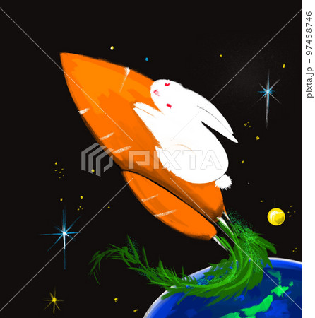 人参ロケットで宇宙を飛ぶ兎のイラスト 97458746