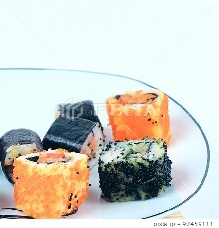 close-up of sushi rolls on the plate 97459111