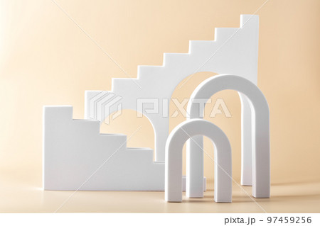 Abstract background with various geometrical forms and podiums in pastel color for product presentation Abstract background with various geometrical forms and podiums in pastel color for product presentation 97459256