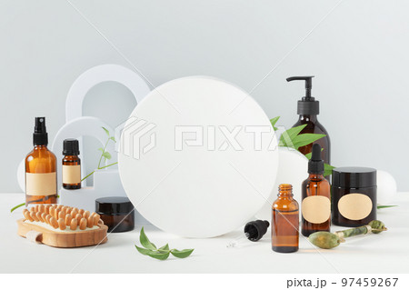 Various blank cosmetic container mock-ups on podiums and geometrical forms. Background for branding and packaging presentation 97459267