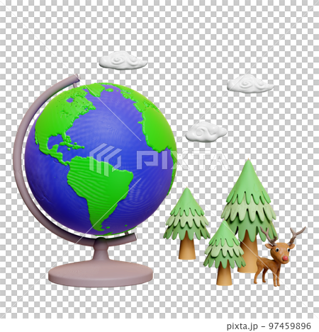 3d planet earth model, globe rotating on stand from plasticine with deer standing on pine forest, clay toy icon isolated. earth day concept, 3d render illustration 3d planet earth model, globe rotating on stand from plasticine with deer standing on pine forest, clay toy icon isolated. earth day concept, 3d render illustration 97459896