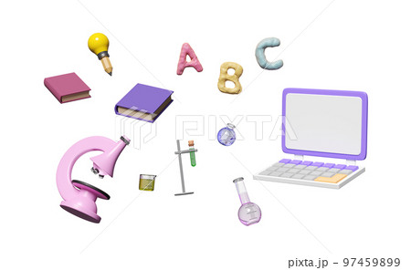 3d laptop computer monitor with microscope, beaker, test tube, character ABC clay toy icon float isolated. room online innovative education, 3d render illustration 3d laptop computer monitor with microscope, beaker, test tube, character ABC clay toy icon float isolated. room online innovative education, 3d render illustration 97459899