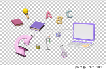3d laptop computer monitor with microscope, beaker, test tube, character ABC clay toy icon float isolated. room online innovative education, 3d render illustration 3d laptop computer monitor with microscope, beaker, test tube, character ABC clay toy icon float isolated. room online innovative education, 3d render illustration 97459899