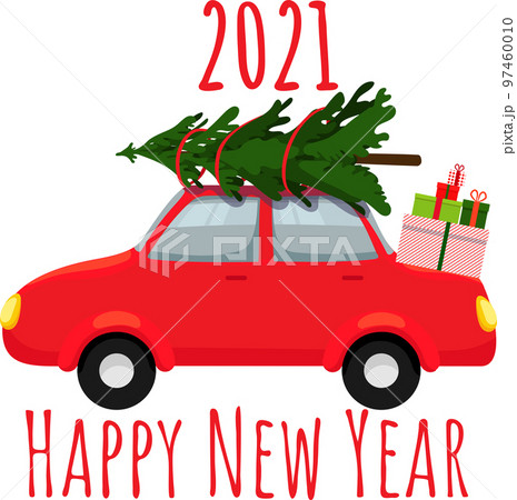 Christmas car with fir tree and gift boxes in flat cartoon style. New year delivery. New Year text slogan. Cute design for holiday poster design,2021 banner. Vector illustration. 97460010