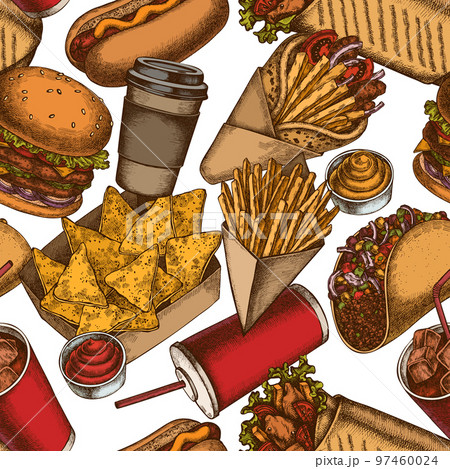 Street food seamless pattern background design. Engraved style. Hand drawn sauces, nachos, soda, burger, taco, shawarma, french fries, hot dog, paper cup. 97460024