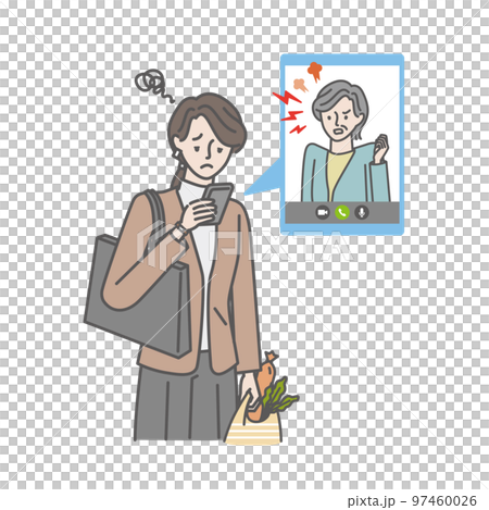 A woman on her way home from work who hears complaints from her mother (mother-in-law) on a smartphone video call A woman on her way home from work who hears complaints from her mother (mother-in-law) on a smartphone video call 97460026