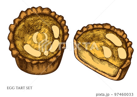 Asian food hand drawn vector illustrations collection. Colored egg tart. 97460033