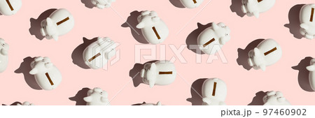 Banner White piggy banks on pink background. Financial and money saving pattern concept 97460902