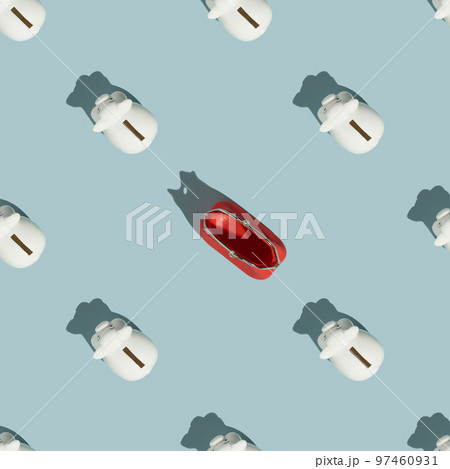 White piggy banks and coin purse on blue background. 97460931