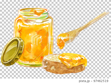 黄色いジャムが入ったビンとスプーンとバケットの水彩イラスト 97462519