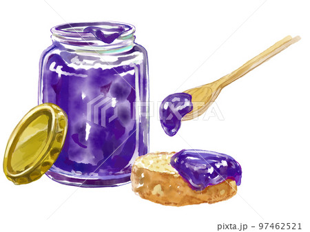 紫のジャムが入ったビンとスプーンとバケットの水彩イラスト 紫のジャムが入ったビンとスプーンとバケットの水彩イラスト 97462521