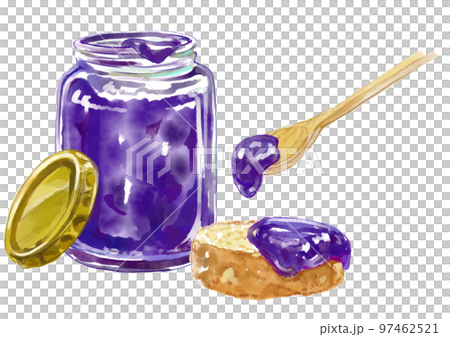 紫のジャムが入ったビンとスプーンとバケットの水彩イラスト 紫のジャムが入ったビンとスプーンとバケットの水彩イラスト 97462521