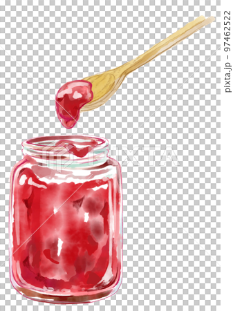 Watercolor illustration of jar and spoon with red jam 97462522