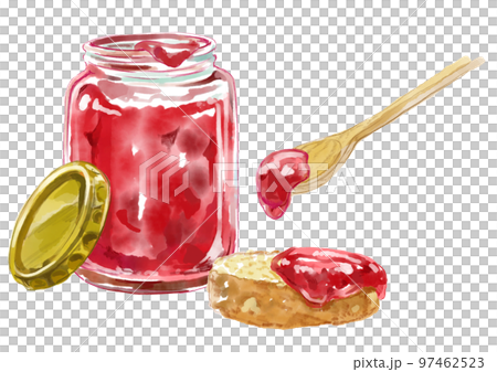 赤いジャムが入ったビンとスプーンとバケットの水彩イラスト 97462523