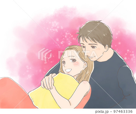 寄り添う男女カップル　ピンク背景 97463336