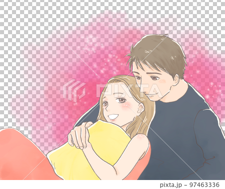 寄り添う男女カップル　ピンク背景 97463336