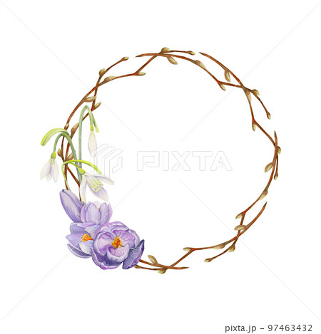 Watercolor hand drawn circle wreath with spring flowers, daffodils, crocus, snowdrops, branches Isolated on white background Design for invitations, wedding, greeting cards, wallpaper, print, textile. Watercolor hand drawn circle wreath with spring flowers, daffodils, crocus, snowdrops, branches Isolated on white background Design for invitations, wedding, greeting cards, wallpaper, print, textile. 97463432