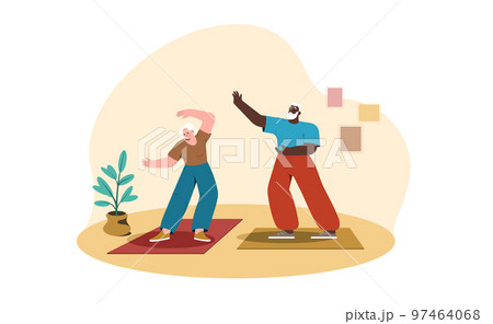 Flat senior man and woman doing yoga at home 97464068