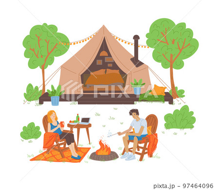 Young couple resting in campfire on glamping site, vector illustration isolated. 97464096