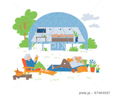 Elderly couple resting on glamping or camping comfortable site, vector isolated. 97464097