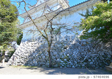 よく晴れた美濃国「大垣城」の天守閣と石垣 97464696