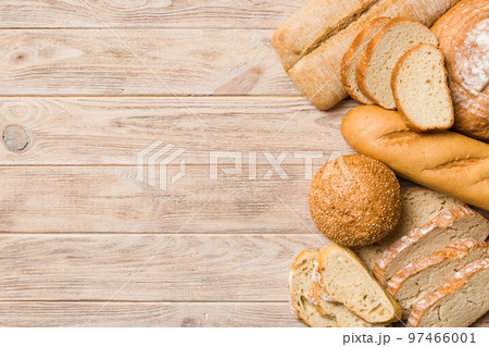 Homemade natural breads. Different kinds of fresh bread as background, top view with copy space 97466001