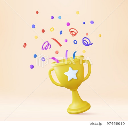 3d prize winner icon with golden cup, gold winners stars with objects floating around 97466010