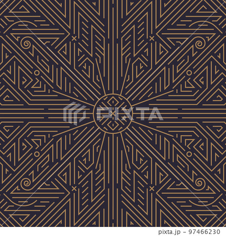 Vector art deco gold black seamless pattern. Geometric line vintage motif with sun. Elegant, fancy luxury design for wallpaper print, packaging, wrapping paper, package, wedding gift. Vector art deco gold black seamless pattern. Geometric line vintage motif with sun. Elegant, fancy luxury design for wallpaper print, packaging, wrapping paper, package, wedding gift. 97466230