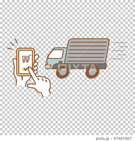トラックとスマホで買い物をする手のイラスト 97467007