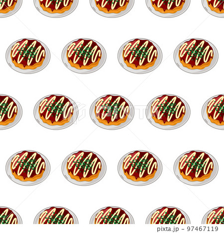 cartoon okonomiyaki, japanese food seamless pattern on colorful background 97467119