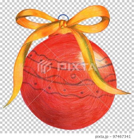 Christmas Red Bauble with Yellow Ribbon Isolated on White Background. Symbol of Happy New Year, Xmas Holiday celebration, Winter. Hand-drawn Pencil Illustration. 97467341
