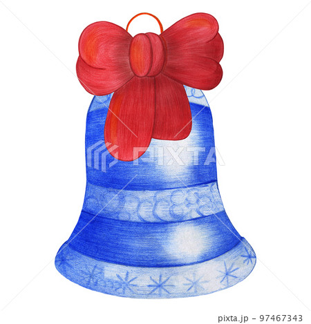 Christmas Bell with Red Ribbon. Blue Bell Decoration Isolated on White Background. Symbol of Happy New Year, Xmas Holiday celebration, Winter. Hand-drawn Pencil Illustration. 97467343