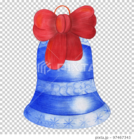 Christmas Bell with Red Ribbon. Blue Bell Decoration Isolated on White Background. Symbol of Happy New Year, Xmas Holiday celebration, Winter. Hand-drawn Pencil Illustration. 97467343