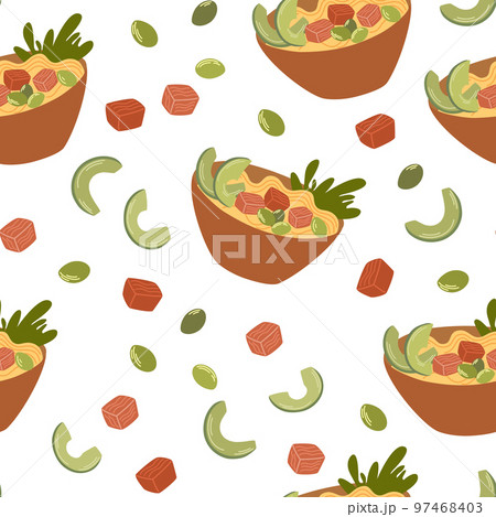 Ramen noodle seamless pattern. Asian food background. Perfect for restaurant cafe and print menus. Vector hand draw cartoon illustration. Ramen noodle seamless pattern. Asian food background. Perfect for restaurant cafe and print menus. Vector hand draw cartoon illustration. 97468403