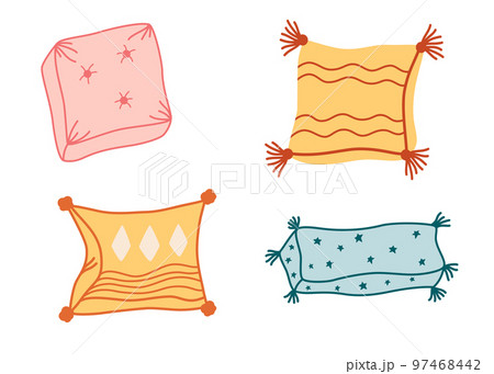 Pillow set. Trendy bed pillow in boho style with abstract geometric patterns. Modern design of home cushion for home interior. Hand drawn illustration isolated on the white background Pillow set. Trendy bed pillow in boho style with abstract geometric patterns. Modern design of home cushion for home interior. Hand drawn illustration isolated on the white background 97468442