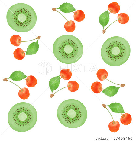 美味しそうなキウイフルーツとチェリーのシームレスパターン素材 97468460