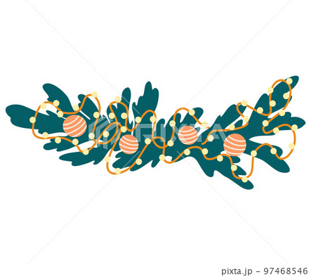 Christmas wreath. Decor for New Year, Christmas and holidays. A wreath of pine and spruce branches with balloons and lanterns. Hand-drawn illustration highlighted on a white background 97468546
