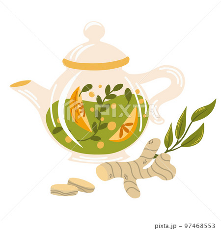 Tea with herbs, citrus and ginger. Mug with tea berries leaves. Hot natural drink for health. Pharmacist of natural wellness poster, organic, herbal tea, orange slices and herbs. Vector illustration 97468553