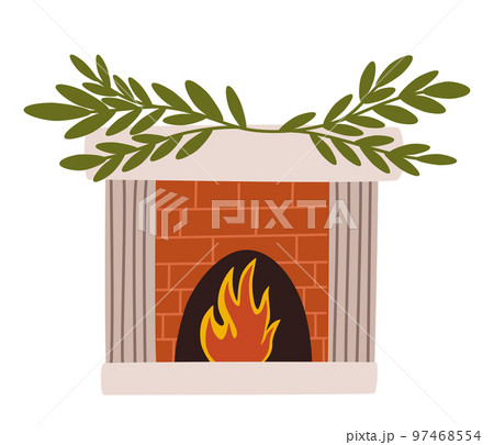 Christmas fireplace. Home fireplaces with socks, stockings, gifts, candles, firs and Xmas decoration. Warm cozy hearths with winter holiday decor. Flat vector illustrations isolated on white 97468554