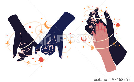 Hands with celestial mystical symbols set of magic. Spiritual boho logo, design elements with moon, plant, sun. Black silhouette of woman arms isolated on white. Vector illustration Hands with celestial mystical symbols set of magic. Spiritual boho logo, design elements with moon, plant, sun. Black silhouette of woman arms isolated on white. Vector illustration 97468555