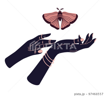 Magic hands with butterfly. Celestial mystical symbols. Spiritual boho elements with crystal, snake and butterfly moth and eye. Black silhouette of woman arms isolated on white. Vector illustration Magic hands with butterfly. Celestial mystical symbols. Spiritual boho elements with crystal, snake and butterfly moth and eye. Black silhouette of woman arms isolated on white. Vector illustration 97468557