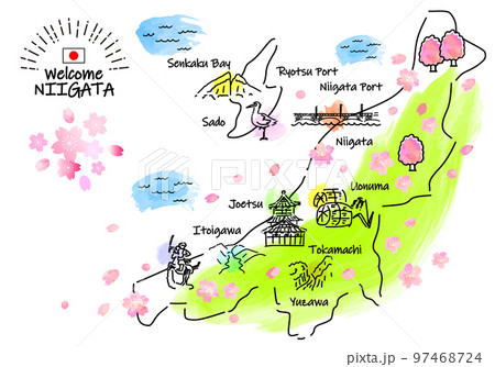 春の新潟県の観光地のシンプル線画イラストマップ（緑） 97468724