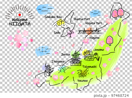 Simple line drawing illustration map of tourist spots in Niigata Prefecture in spring (green) 97468724