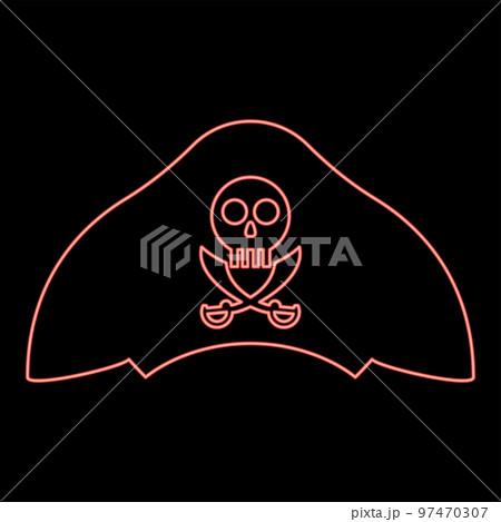 Neon pirate hat with skull and saber cutlass red color vector illustration image flat style Neon pirate hat with skull and saber cutlass red color vector illustration image flat style 97470307