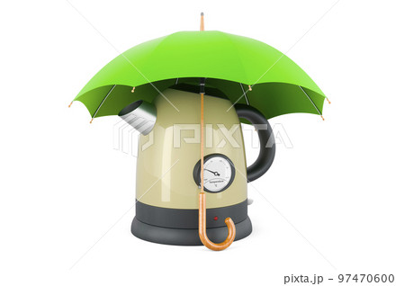 Retro electric kettle under umbrella, 3D rendering Retro electric kettle under umbrella, 3D rendering 97470600