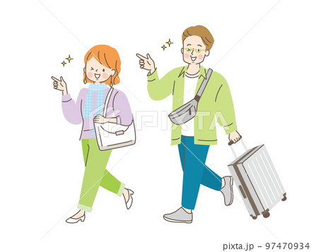 キャリーケースを持って旅行する男女のイラスト 97470934