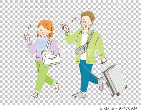 キャリーケースを持って旅行する男女のイラスト 97470934