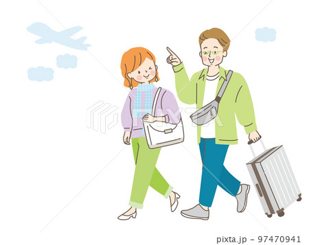 キャリーケースを持って旅行する男女のイラスト 97470941
